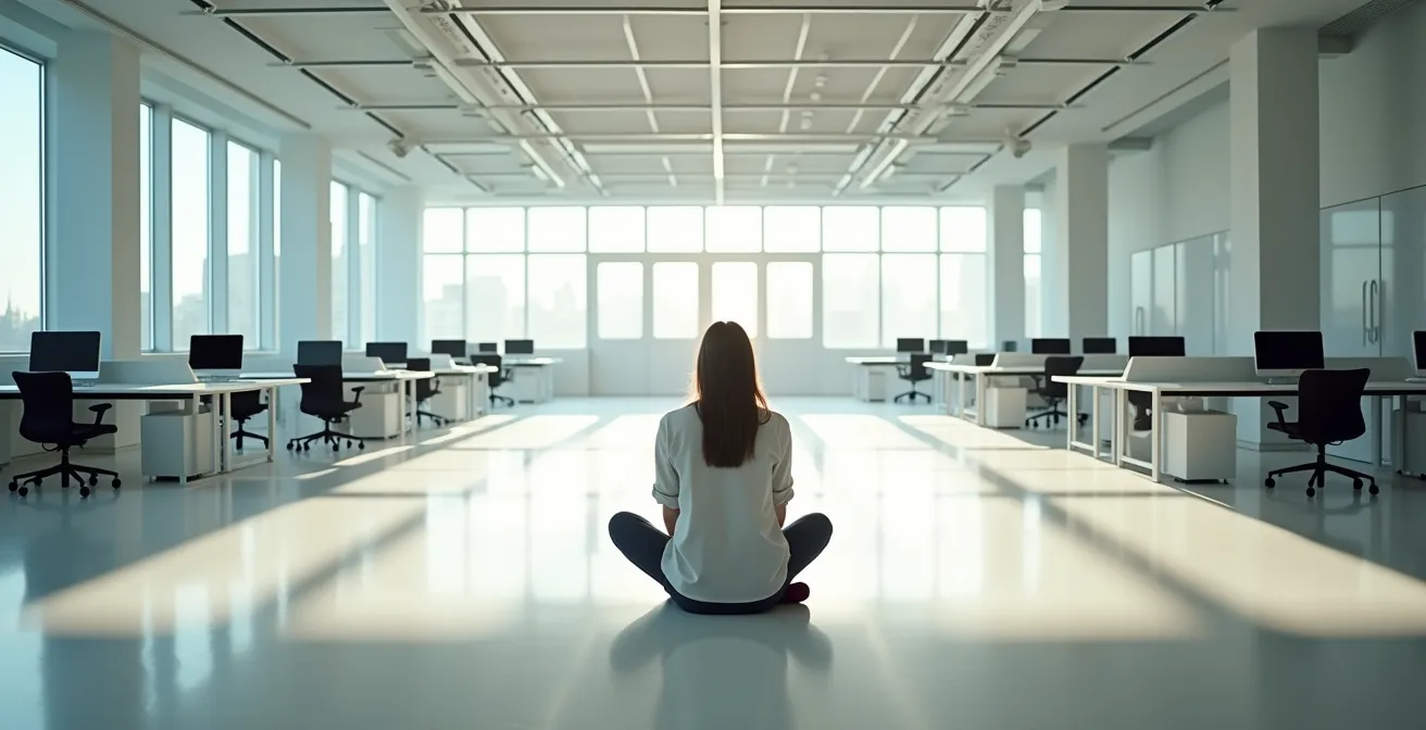 Jeune alternant en contemplation dans un espace de travail moderne et lumineux