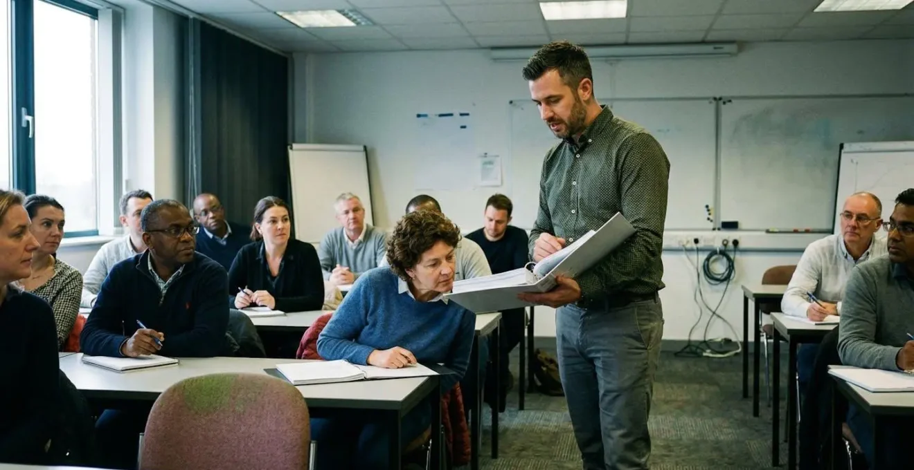 Un formateur debout devant un groupe de stagiaires en salle de formation professionnelle, tenant un document technique illustré