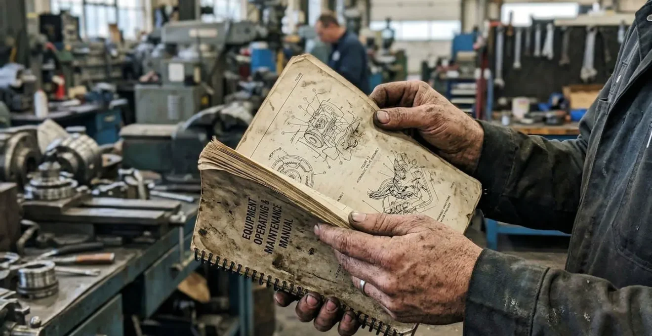 Gros plan sur des mains de technicien feuilletant un manuel technique illustré dans un environnement d'atelier industriel