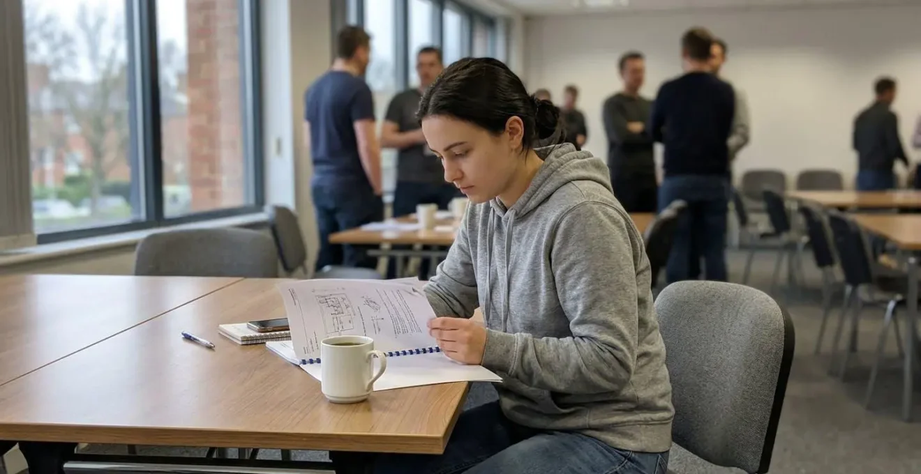 Un stagiaire assis à une table de salle de formation consulte un document technique pendant une pause café