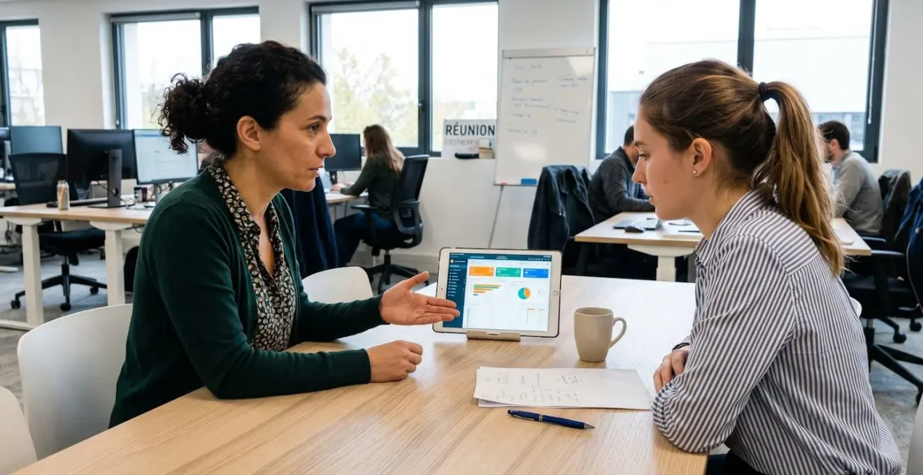 Deux personnes en session de coaching individuel dans un espace de travail calme et moderne