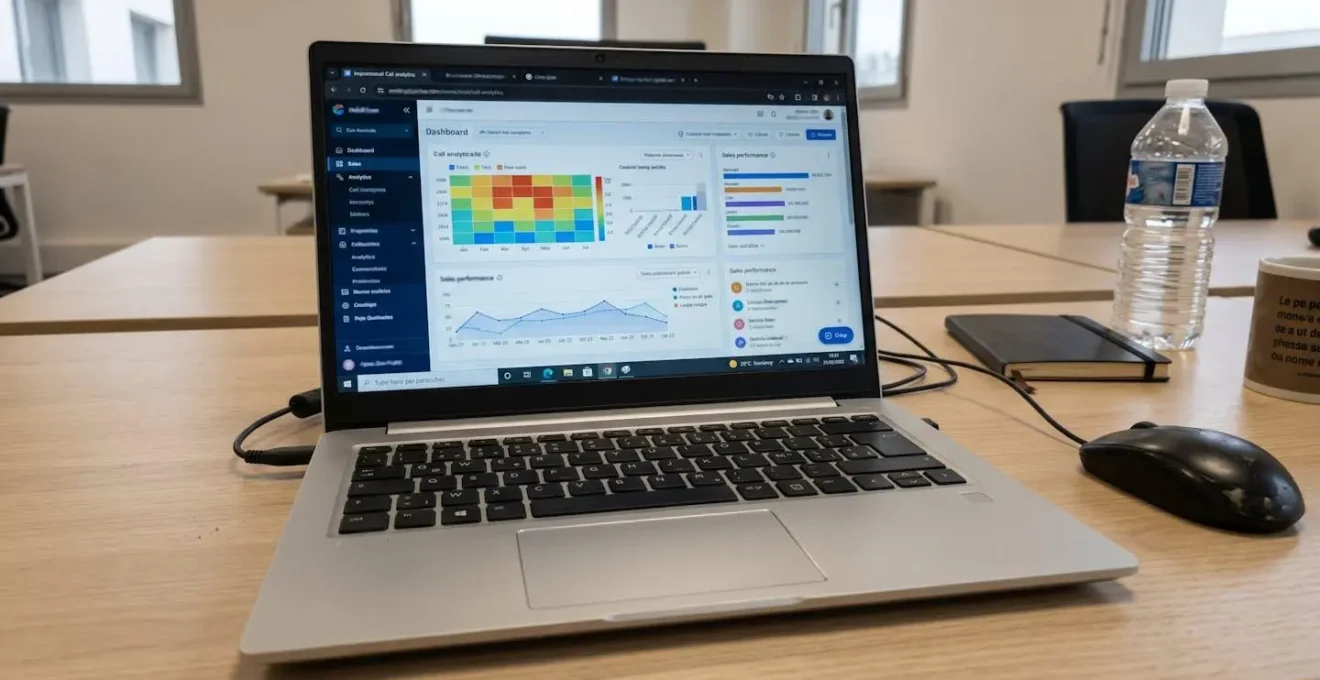 Écran d'ordinateur affichant un tableau de bord d'analyse d'appels avec métriques de performance