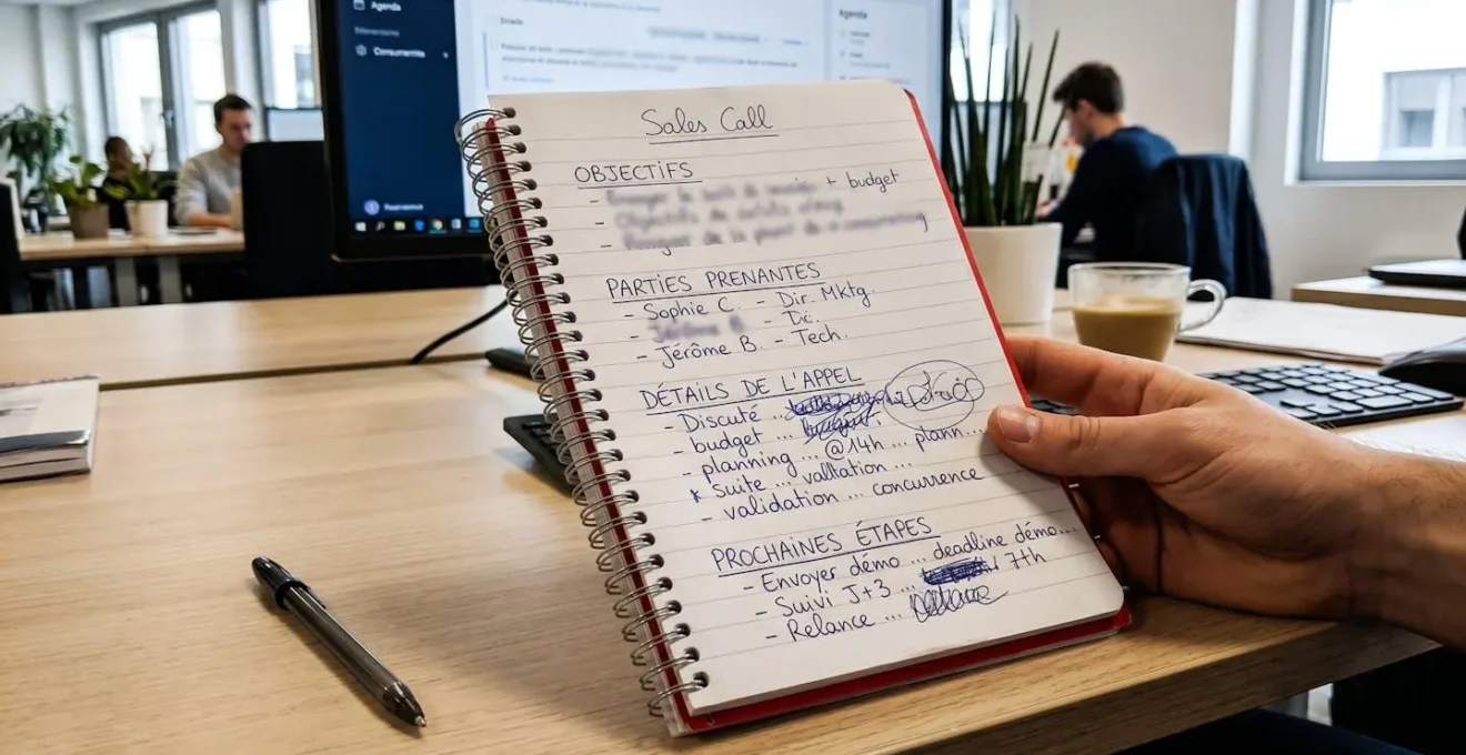 Gros plan sur une page de notes structurées prises lors d'un appel de vente avec framework visible