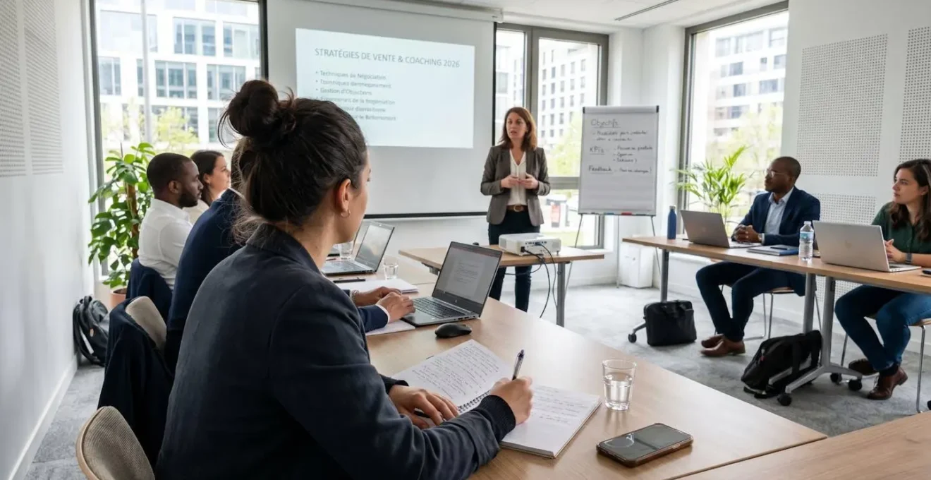 Personne participant à une session de coaching en vente dans une salle de formation lumineuse et contemporaine