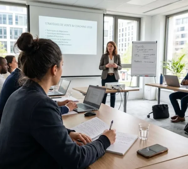 Personne participant à une session de coaching en vente dans une salle de formation lumineuse et contemporaine