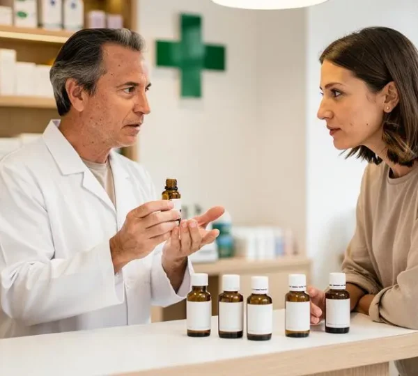 Pharmacien conseillant un patient sur les huiles essentielles au comptoir d'une officine, avec plusieurs flacons disposés sur le comptoir