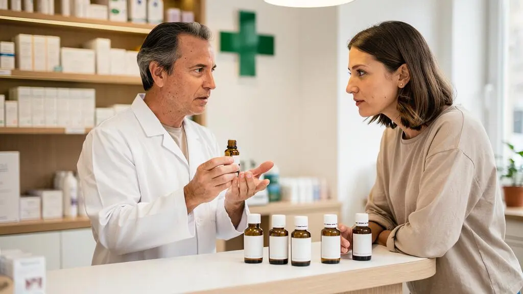 Pharmacien conseillant un patient sur les huiles essentielles au comptoir d'une officine, avec plusieurs flacons disposés sur le comptoir