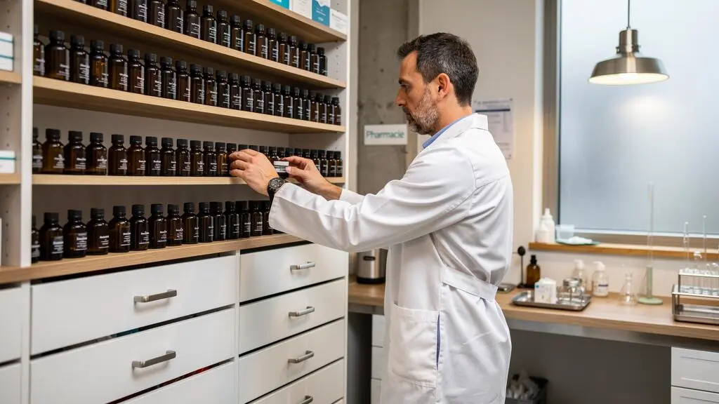 Pharmacien organisant et sélectionnant des flacons d'huiles essentielles depuis un système de rangement professionnel structuré dans l'espace de préparation de l'officine
