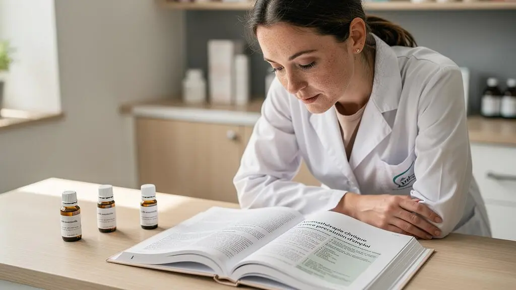 Pharmacienne debout consultant un ouvrage de référence professionnel sur l'aromathérapie avec des flacons d'huiles essentielles à proximité