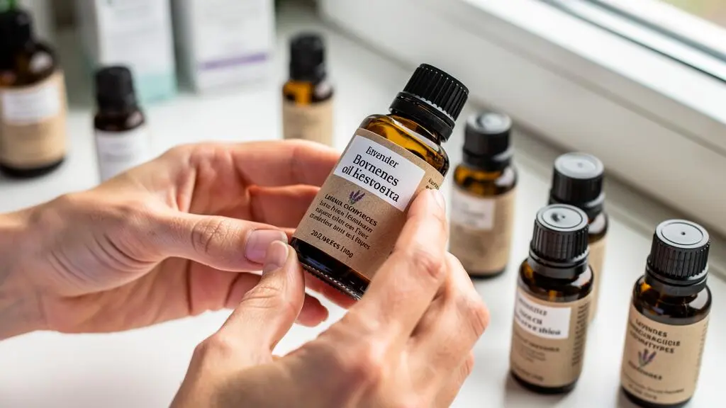 Mains d'un pharmacien vérifiant et comparant les étiquettes botaniques de différents flacons d'huiles essentielles de lavande montrant les chémotypes distincts